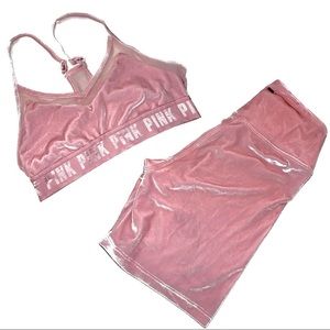 VS PINK S/XS Blush Pink Velvet Sports Bra + High-Waisted Bike Shorts